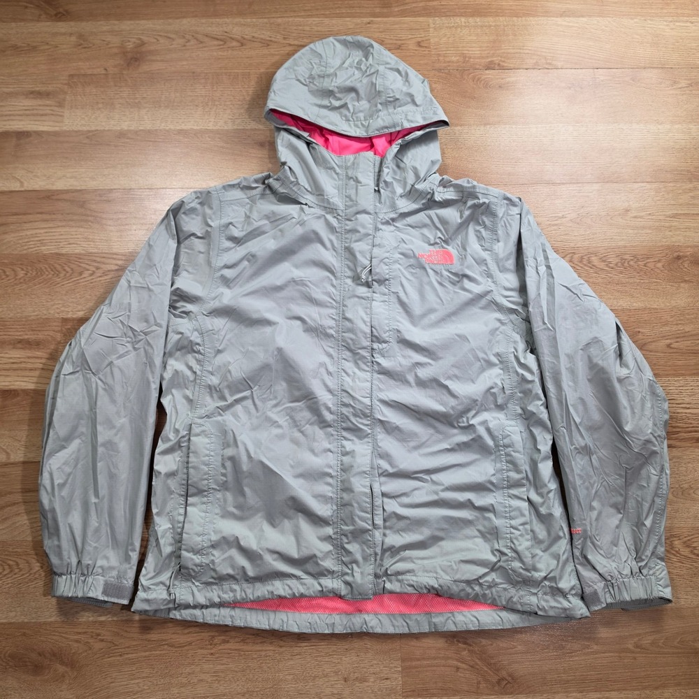 The North Face Rain Jacket Womens Large HyVent Hooded Shell Gray Pink